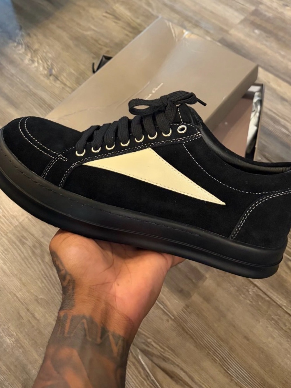 Rick Owens Black Suede Low-Top Sneakers with Cream Chevron